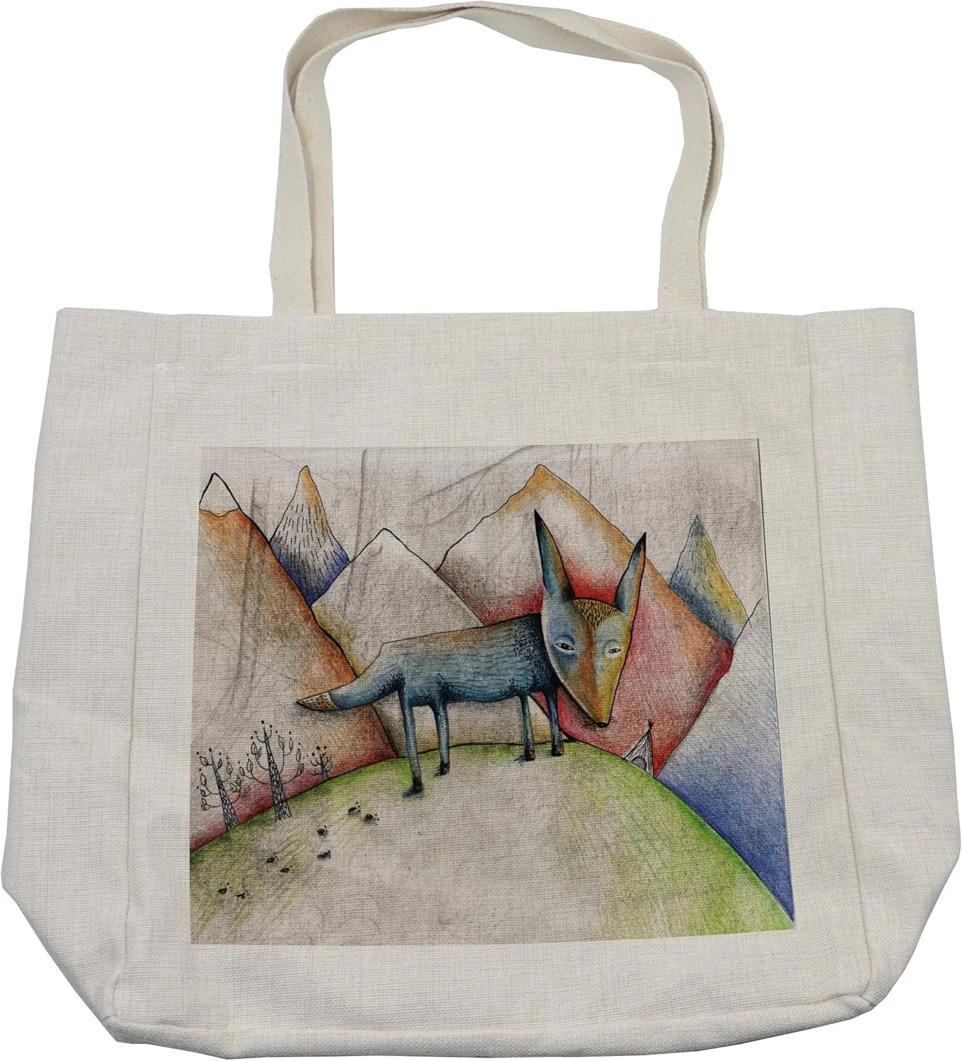 Lunarable Fox Shopping Bag, Pencil Illustration of a Fox Walking on the Mountains Sadness and Loneliness Themes, Eco-Friendly Reusable Bag for Groceries Beach and More, 15.5" X 14.5", Cream