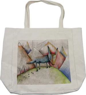 Lunarable Fox Shopping Bag, Pencil Illustration of a Fox Walking on the Mountains Sadness and Loneliness Themes, Eco-Friendly Reusable Bag for Groceries Beach and More, 15.5" X 14.5", Cream