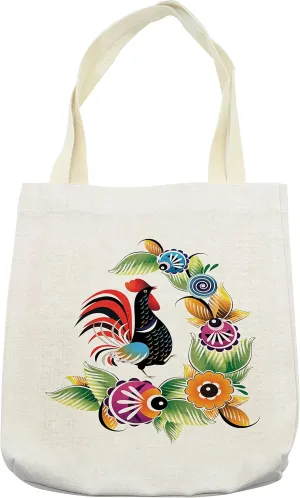 Lunarable Gallus Tote Bag, Cock Poultry Livestock Ornate Abstract Spring Swirls in Vibrant Colors Illustration, Cloth Linen Reusable Bag for Shopping Books Beach and More, 16.5" X 14", Cream