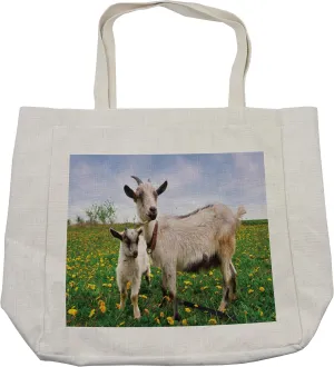 Lunarable Goat Shopping Bag, Mama Goat and Her in the Pastures Summer Time Blossoming Flowers Farming Animals, Eco-Friendly Reusable Bag for Groceries Beach and More, 15.5" X 14.5", Multicolor