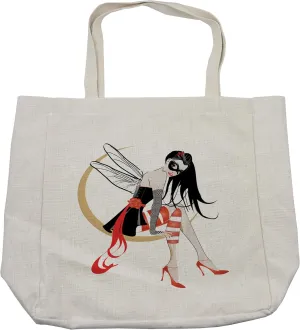 Lunarable Gothic Shopping Bag, Girl with and Wings on the Moon Luna Fantasy High Heals Fashion Print, Eco-Friendly Reusable Bag for Groceries Beach and More, 15.5" X 14.5", Cream