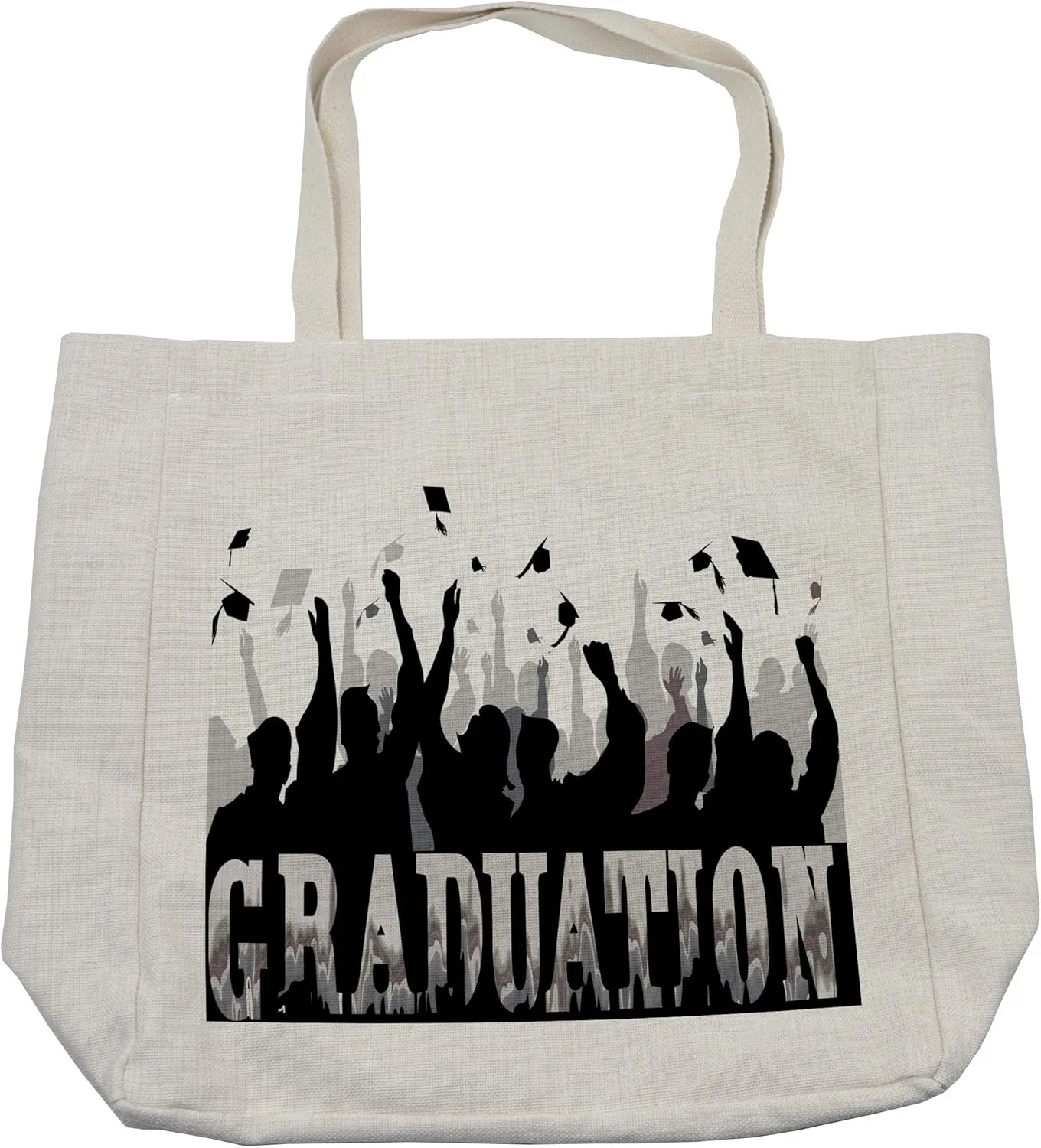 Lunarable Graduation Shopping Bag, Academy Celebration Party with Student Silhouettes Happy Grads Caps Off, Eco-Friendly Reusable Bag for Groceries Beach and More, 15.5" X 14.5", Cream