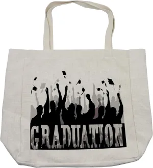 Lunarable Graduation Shopping Bag, Academy Celebration Party with Student Silhouettes Happy Grads Caps Off, Eco-Friendly Reusable Bag for Groceries Beach and More, 15.5" X 14.5", Cream