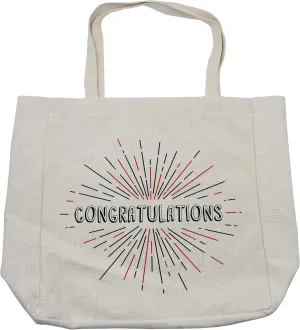 Lunarable Graduation Shopping Bag, Congratulatory Text with Retro Style Sun Rays Burst Approval Acclaim, Eco-Friendly Reusable Bag for Groceries Beach and More, 15.5" X 14.5", Cream