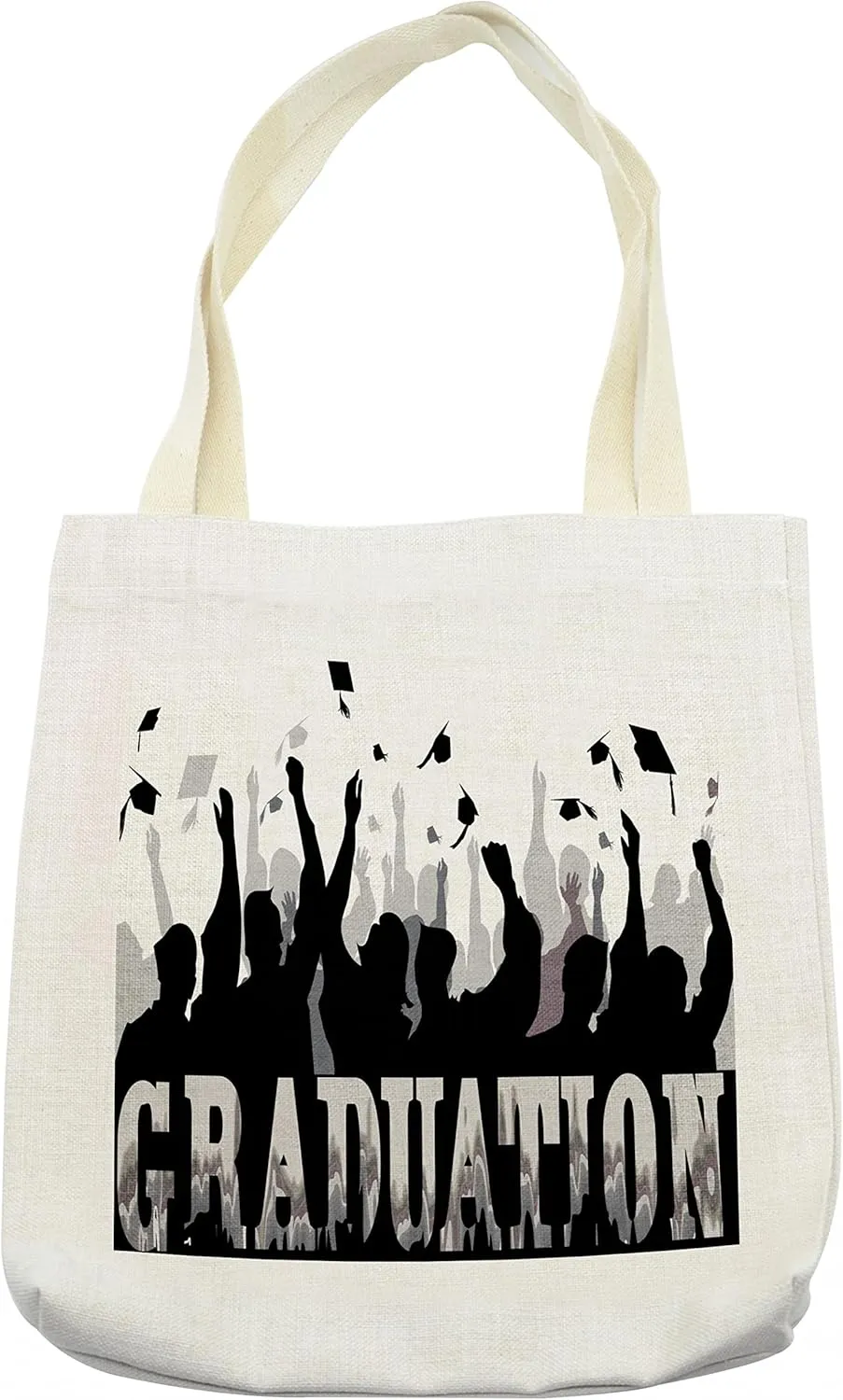 Lunarable Graduation Tote Bag, Academy Celebration Party with Student Silhouettes Happy Grads Caps Off, Cloth Linen Reusable Bag for Shopping Books Beach and More, 16.5" X 14", Cream