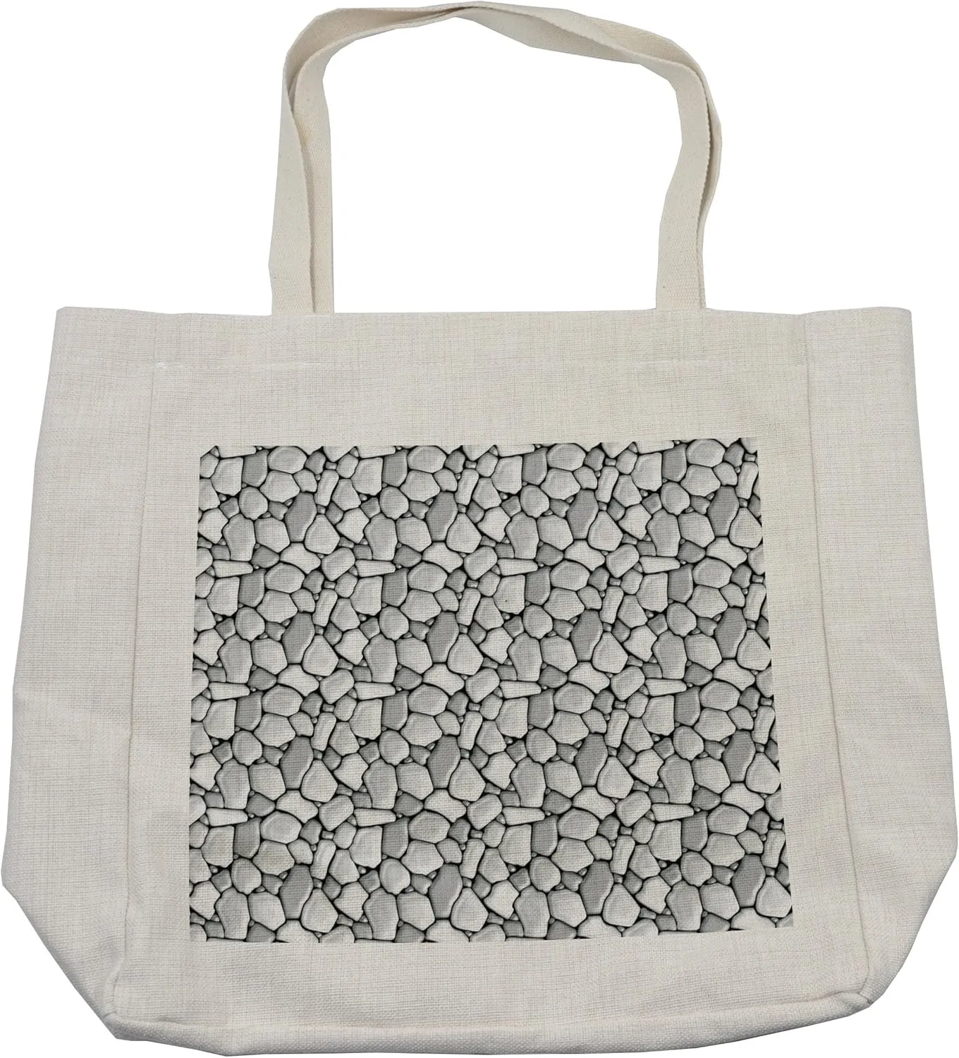 Lunarable Grey and Black Shopping Bag, Rubble Masonry Themed Graphic Pattern Little Pebble Stones Pavement, Eco-Friendly Reusable Bag for Groceries Beach and More, 15.5" X 14.5", Cream