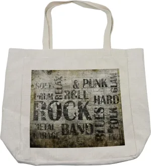 Lunarable Grunge Shopping Bag, Music Wall with Punk Jazz Rock Garage Soft Blues Folk Genre Art Murky Graphic, Eco-Friendly Reusable Bag for Groceries Beach and More, 15.5" X 14.5", Cream