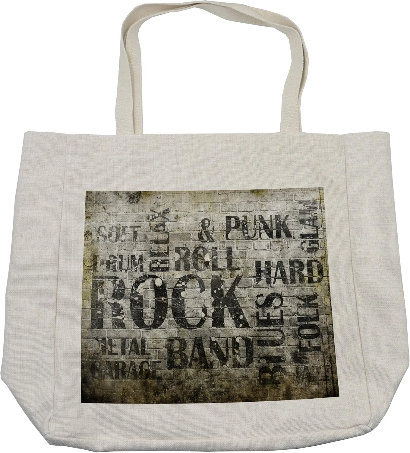 Lunarable Grunge Shopping Bag, Music Wall with Punk Jazz Rock Garage Soft Blues Folk Genre Art Murky Graphic, Eco-Friendly Reusable Bag for Groceries Beach and More, 15.5" X 14.5", Cream