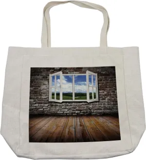 Lunarable Grunge Shopping Bag, Open Window in Old Grunge Room Spring Meadow Brick Wall Hardwood Floor, Eco-Friendly Reusable Bag for Groceries Beach and More, 15.5" X 14.5", Cream