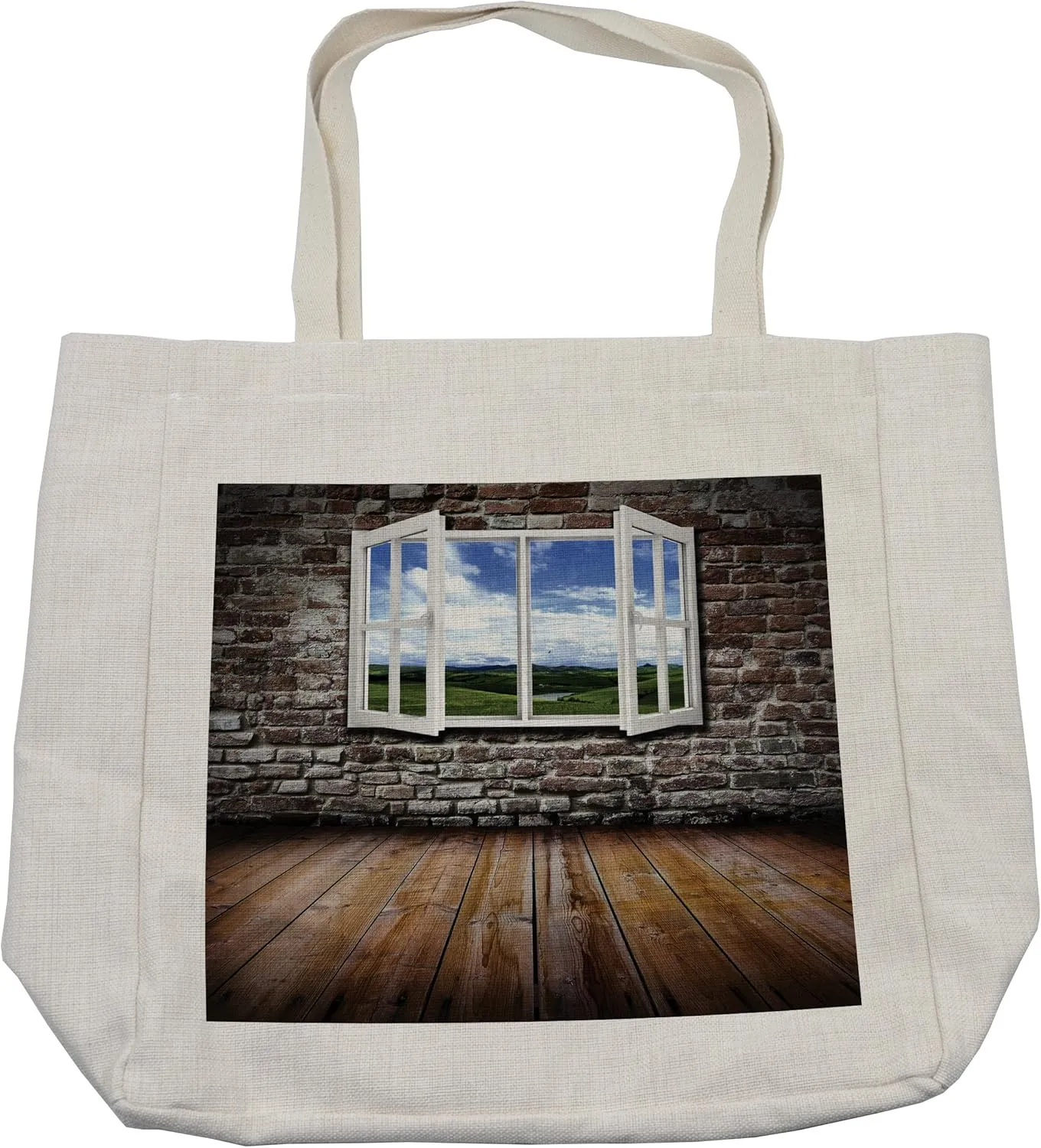 Lunarable Grunge Shopping Bag, Open Window in Old Grunge Room Spring Meadow Brick Wall Hardwood Floor, Eco-Friendly Reusable Bag for Groceries Beach and More, 15.5" X 14.5", Cream
