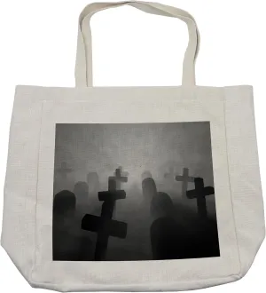 Lunarable Horror House Shopping Bag, Render of a Graveyard Tombstone Funeral Night Spooky Ghostly Grunge, Eco-Friendly Reusable Bag for Groceries Beach and More, 15.5" X 14.5", Cream