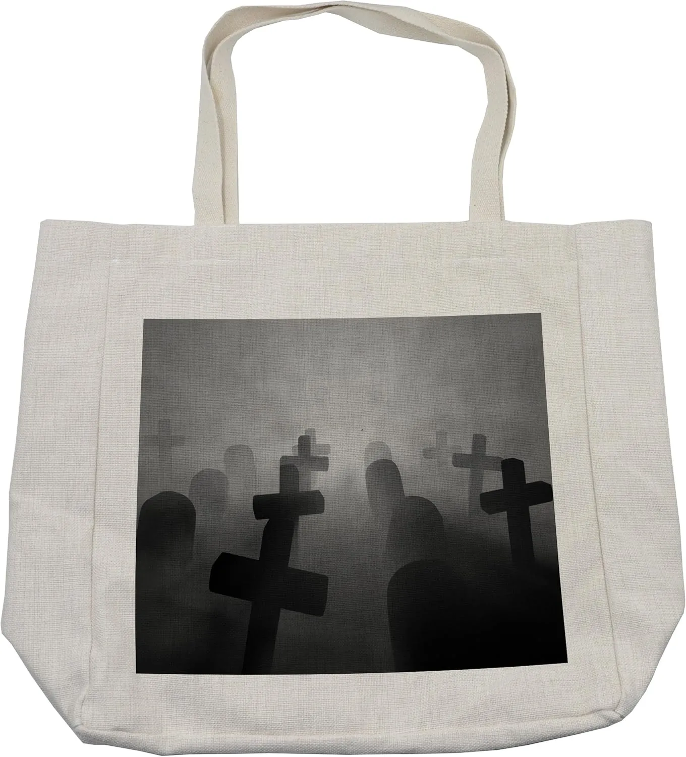 Lunarable Horror House Shopping Bag, Render of a Graveyard Tombstone Funeral Night Spooky Ghostly Grunge, Eco-Friendly Reusable Bag for Groceries Beach and More, 15.5" X 14.5", Cream