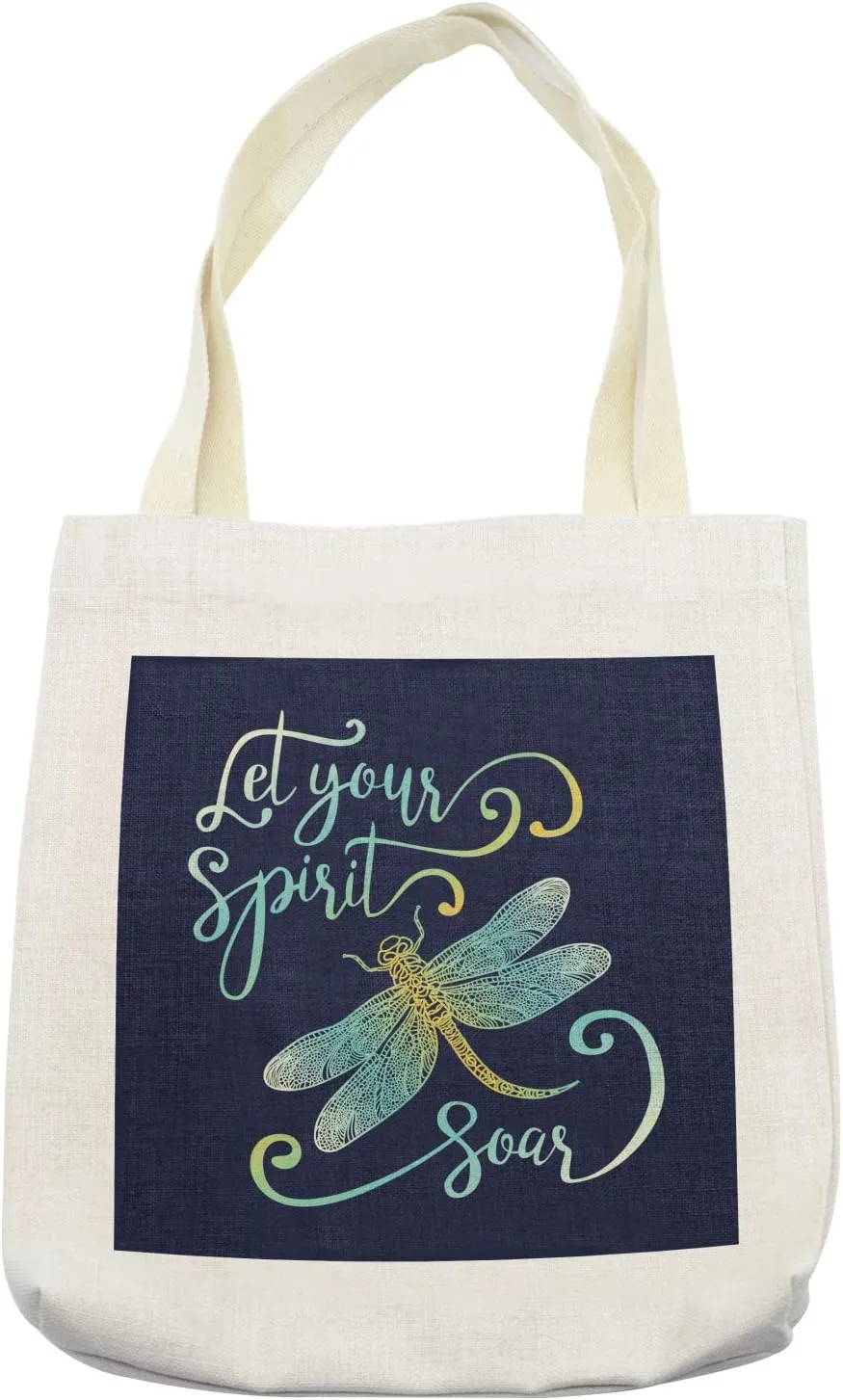 Lunarable Inspirational Tote Bag, Calligraphy Words Let Your Spirit Soar and Ornate Dragonfly, Cloth Linen Reusable Bag for Shopping Books Beach and More, 16.5" X 14", Cream