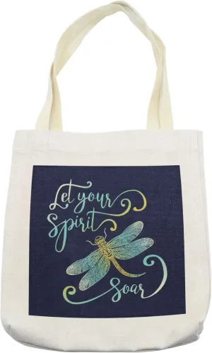 Lunarable Inspirational Tote Bag, Calligraphy Words Let Your Spirit Soar and Ornate Dragonfly, Cloth Linen Reusable Bag for Shopping Books Beach and More, 16.5" X 14", Cream