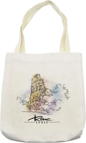 Lunarable Italy Tote Bag, Rome Italy Pastel Toned Famous Collesium Landmark Print, Cloth Linen Reusable Bag for Shopping Books Beach and More, 16.5" X 14", Black Beige