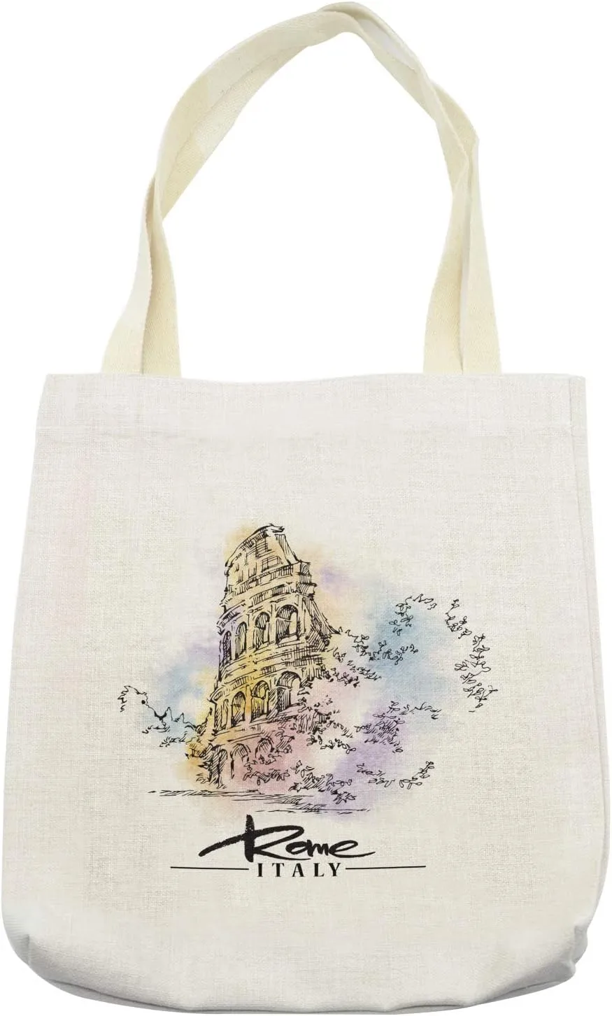 Lunarable Italy Tote Bag, Rome Italy Pastel Toned Famous Collesium Landmark Print, Cloth Linen Reusable Bag for Shopping Books Beach and More, 16.5" X 14", Black Beige