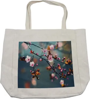 Lunarable Japanese Shopping Bag, Symbolic Ivy Swirl Flower Sakura Tree Dark Grey Backdrop Image, Eco-Friendly Reusable Bag for Groceries Beach and More, 15.5" X 14.5", Cream