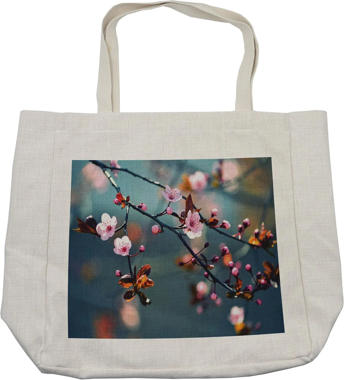 Lunarable Japanese Shopping Bag, Symbolic Ivy Swirl Flower Sakura Tree Dark Grey Backdrop Image, Eco-Friendly Reusable Bag for Groceries Beach and More, 15.5" X 14.5", Cream