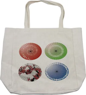 Lunarable Japanese Shopping Bag, Umbrella with Rotary Leaf Floral Pattern Rain Shadow Graphic, Eco-Friendly Reusable Bag for Groceries Beach and More, 15.5" X 14.5", Cream