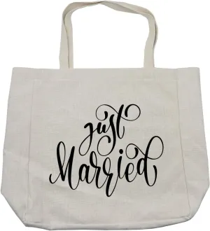 Lunarable Just Married Shopping Bag, Romantic Words Lettering Calligraphy Wedding Illustration Print, Eco-Friendly Reusable Bag for Groceries Beach and More, 15.5" X 14.5", Charcoal White