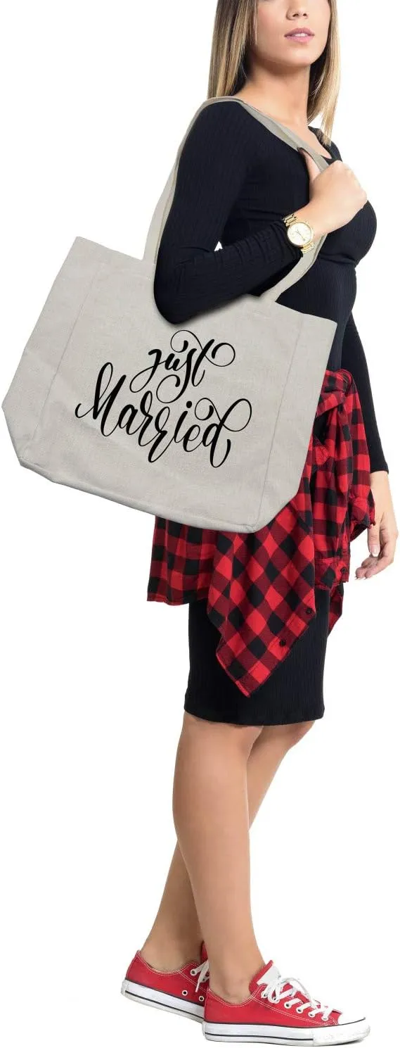 Lunarable Just Married Shopping Bag, Romantic Words Lettering Calligraphy Wedding Illustration Print, Eco-Friendly Reusable Bag for Groceries Beach and More, 15.5" X 14.5", Charcoal White