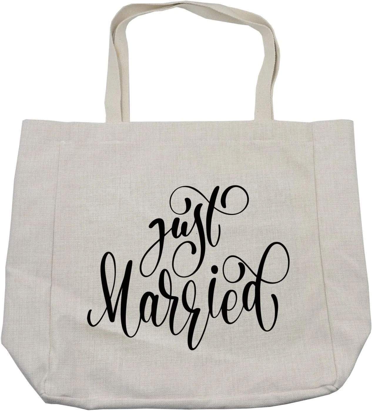 Lunarable Just Married Shopping Bag, Romantic Words Lettering Calligraphy Wedding Illustration Print, Eco-Friendly Reusable Bag for Groceries Beach and More, 15.5" X 14.5", Charcoal White