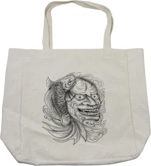 Lunarable Koi Fish Shopping Bag, Japanese Theatre Mast with Scary Face Cascading Water on Side Tattoo Style Art, Eco-Friendly Reusable Bag for Groceries Beach and More, 15.5" X 14.5", Cream