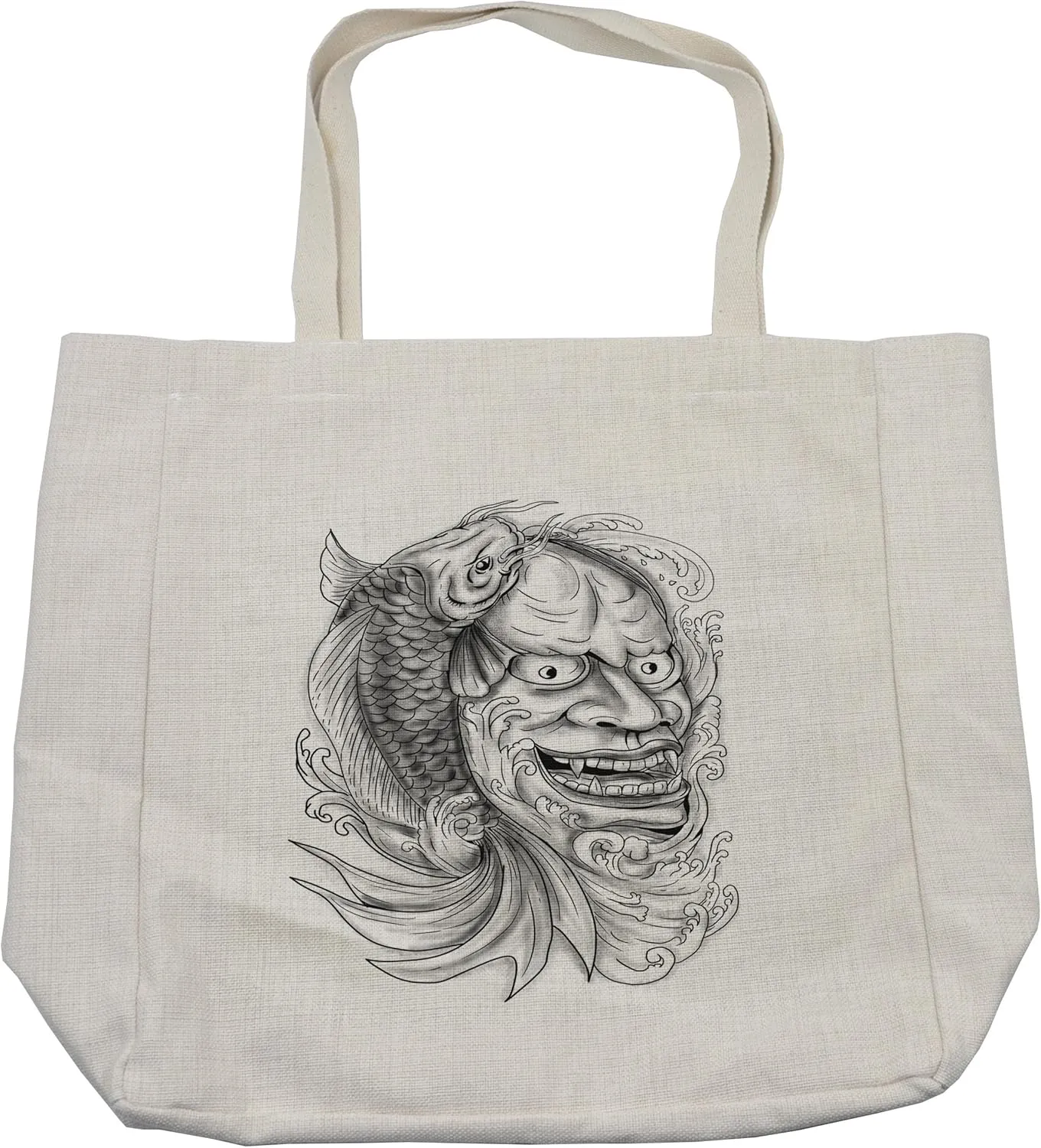 Lunarable Koi Fish Shopping Bag, Japanese Theatre Mast with Scary Face Cascading Water on Side Tattoo Style Art, Eco-Friendly Reusable Bag for Groceries Beach and More, 15.5" X 14.5", Cream