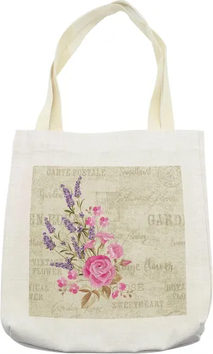 Lunarable Lavender Tote Bag, Postal Stamps and Postmarks Grungy Backdrop Romantic Bridal Corsage, Cloth Linen Reusable Bag for Shopping Books Beach and More, 16.5" X 14", Cream