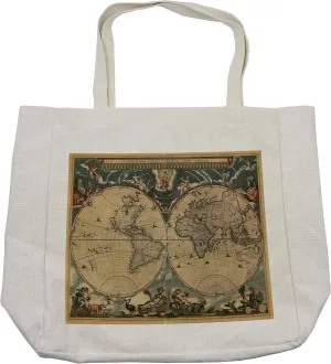 Lunarable Map Print Shopping Bag, Map of World Continents Antiquity Stained Vintage History Themed Art, Eco-Friendly Reusable Bag for Groceries Beach and More, 15.5" X 14.5", Pale Brown Green Red