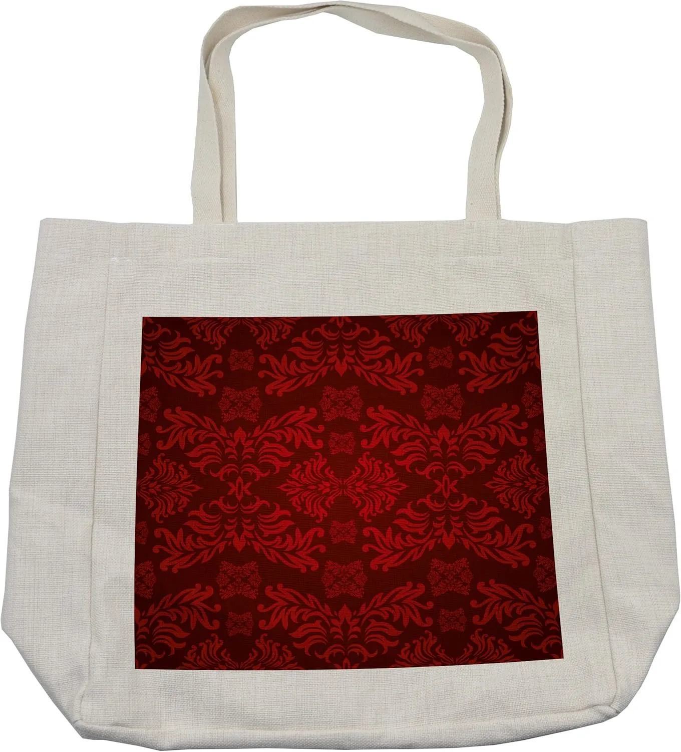 Lunarable Maroon Shopping Bag, Classical Nature Leaf Motifs Floral Tile Old Fashioned Grunge Antiquity, Eco-Friendly Reusable Bag for Groceries Beach and More, 15.5" X 14.5", Cream