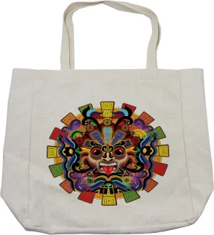 Lunarable Mesoamerican Shopping Bag, Colorful Aztec Warrior Symbolic Tattoo Devotion Manuscript Scary Wonders, Eco-Friendly Reusable Bag for Groceries Beach and More, 15.5" X 14.5", Cream