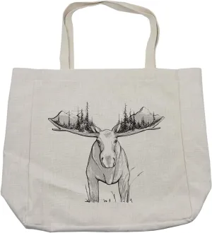 Lunarable Moose Shopping Bag, Hand Drawing Forest and Mountains on Spectacular Moose Antlers, Eco-Friendly Reusable Bag for Groceries Beach and More, 15.5" X 14.5", Cream
