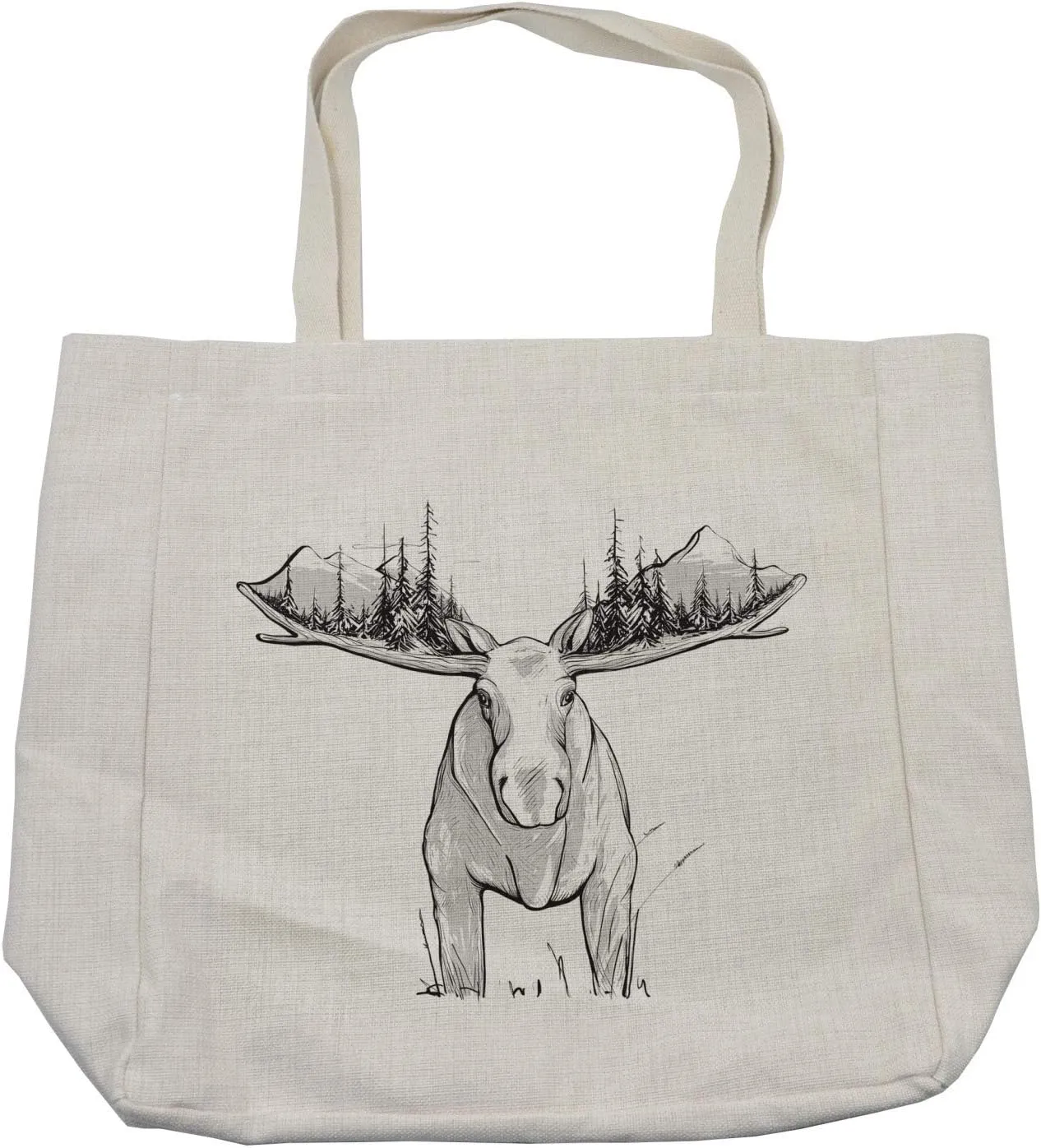 Lunarable Moose Shopping Bag, Hand Drawing Forest and Mountains on Spectacular Moose Antlers, Eco-Friendly Reusable Bag for Groceries Beach and More, 15.5" X 14.5", Cream