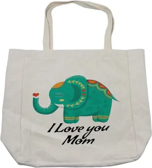 Lunarable Mothers Day Shopping Bag, Elephant with South East Motifs Design and I Love You Mom Words, Eco-Friendly Reusable Bag for Groceries Beach and More, 15.5" X 14.5", Cream