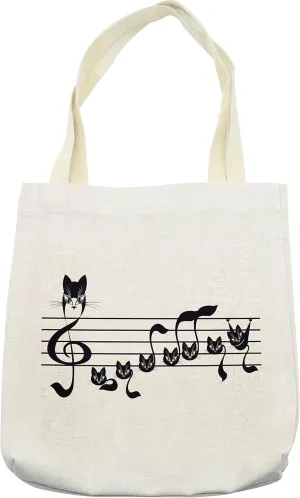 Lunarable Music Tote Bag, Notes Kittens Kitty Cat Art Notation Tune Halloween Monochrome, Cloth Linen Reusable Bag for Shopping Books Beach and More, 16.5" X 14", Black White