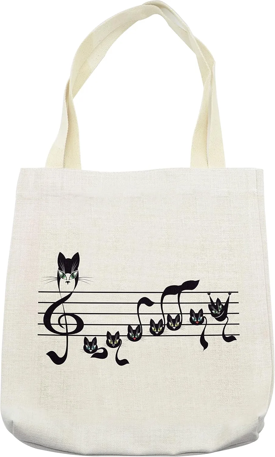 Lunarable Music Tote Bag, Notes Kittens Kitty Cat Art Notation Tune Halloween Monochrome, Cloth Linen Reusable Bag for Shopping Books Beach and More, 16.5" X 14", Black White