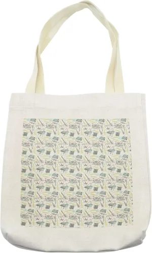 Lunarable Musical Tote Bag, Hand Drawn Percussion Drums Electro Guitar and Grand Piano, Cloth Linen Reusable Bag for Shopping Books Beach and More, 16.5" X 14", Cream