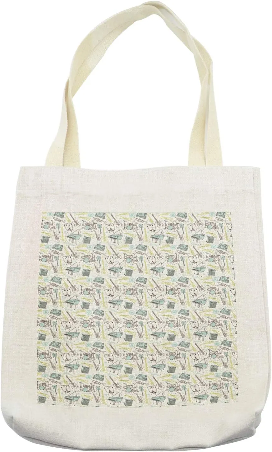 Lunarable Musical Tote Bag, Hand Drawn Percussion Drums Electro Guitar and Grand Piano, Cloth Linen Reusable Bag for Shopping Books Beach and More, 16.5" X 14", Cream