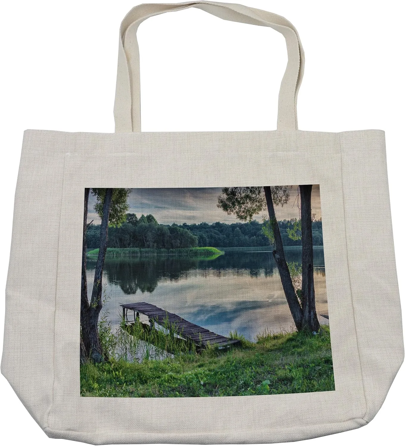Lunarable Nature Shopping Bag, Natural Theme the Lake and a Wharf in the Forest Cloudy Sky Pattern Art, Eco-Friendly Reusable Bag for Groceries Beach and More, 15.5" X 14.5", Cream