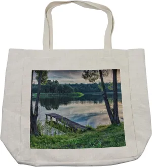 Lunarable Nature Shopping Bag, Natural Theme the Lake and a Wharf in the Forest Cloudy Sky Pattern Art, Eco-Friendly Reusable Bag for Groceries Beach and More, 15.5" X 14.5", Cream
