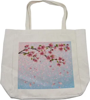 Lunarable Nature Shopping Bag, Sakura Twig Blossom Leaves on Background of Colorful Flying Petals Flourish, Eco-Friendly Reusable Bag for Groceries Beach and More, 15.5" X 14.5", Cream