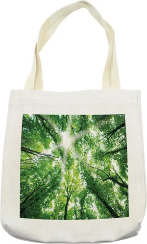 Lunarable Nature Tote Bag, Sun Rays Through Tree Tops in the Forest Foliage Upward Sky Woodland View, Cloth Linen Reusable Bag for Shopping Books Beach and More, 16.5" X 14", Cream