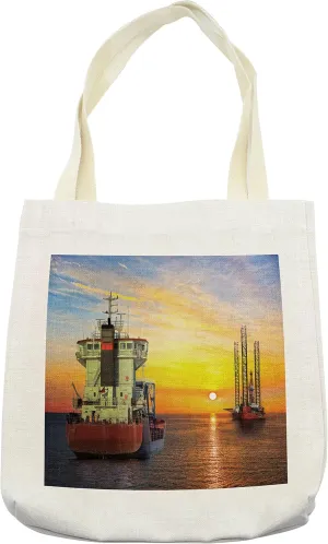 Lunarable Nautical Tote Bag, Tanker Ship and Oil Platform on Offshore Sphere at Sunset Industrial Sea Scenery, Cloth Linen Reusable Bag for Shopping Books Beach and More, 16.5" X 14", Cream