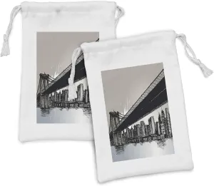 Lunarable New York Fabric Pouch Set of 2, Scribbled Brooklyn Bridge and the Skyscrapers Illustration with Grunge Effect, Small Drawstring Bag for Toiletries Masks and Favors, 9" x 6", Multicolor