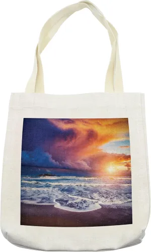 Lunarable Ocean Tote Bag, Beach with Waves and Stormy Overcast Sky Horizon Mediterranean Scenery, Cloth Linen Reusable Bag for Shopping Books Beach and More, 16.5" X 14", Cream