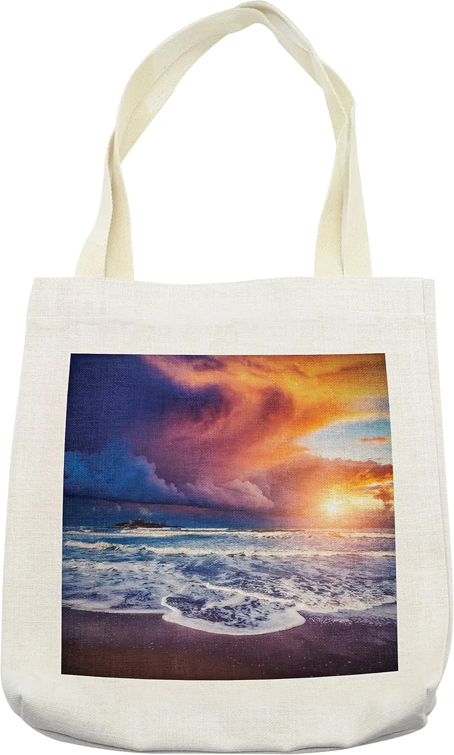 Lunarable Ocean Tote Bag, Beach with Waves and Stormy Overcast Sky Horizon Mediterranean Scenery, Cloth Linen Reusable Bag for Shopping Books Beach and More, 16.5" X 14", Cream