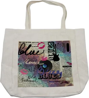 Lunarable Old Newspaper Shopping Bag, Retro Blues Music Genre Old Record Electric Guitars Kiss Inscriptions Grunge, Eco-Friendly Reusable Bag for Groceries Beach and More, 15.5" X 14.5", Cream