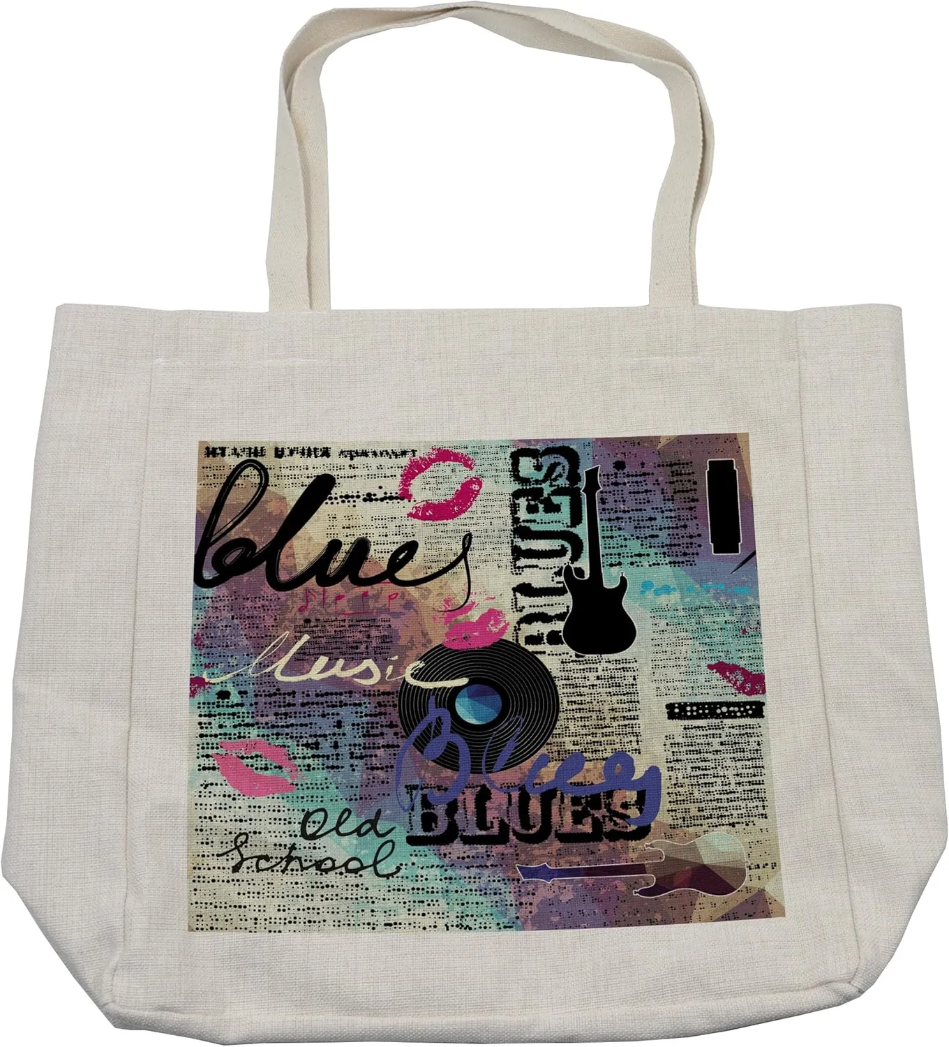 Lunarable Old Newspaper Shopping Bag, Retro Blues Music Genre Old Record Electric Guitars Kiss Inscriptions Grunge, Eco-Friendly Reusable Bag for Groceries Beach and More, 15.5" X 14.5", Cream