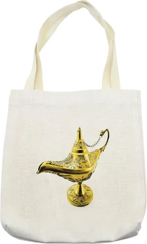 Lunarable Orient Tote Bag, Aladdin`s Magic Genie Lamp Wish Mystery Magic Wonder Adventure Story Inspired Art, Cloth Linen Reusable Bag for Shopping Books Beach and More, 16.5" X 14", White Yellow